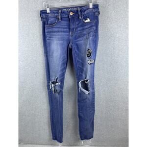 American‎ Eagle Jegging Jeans Women's 4 Blue Destroyed Hot Rod Car Patches